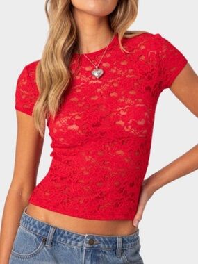 Edikted Kaori Sheer Lace T-Shirt - Size XL, Red